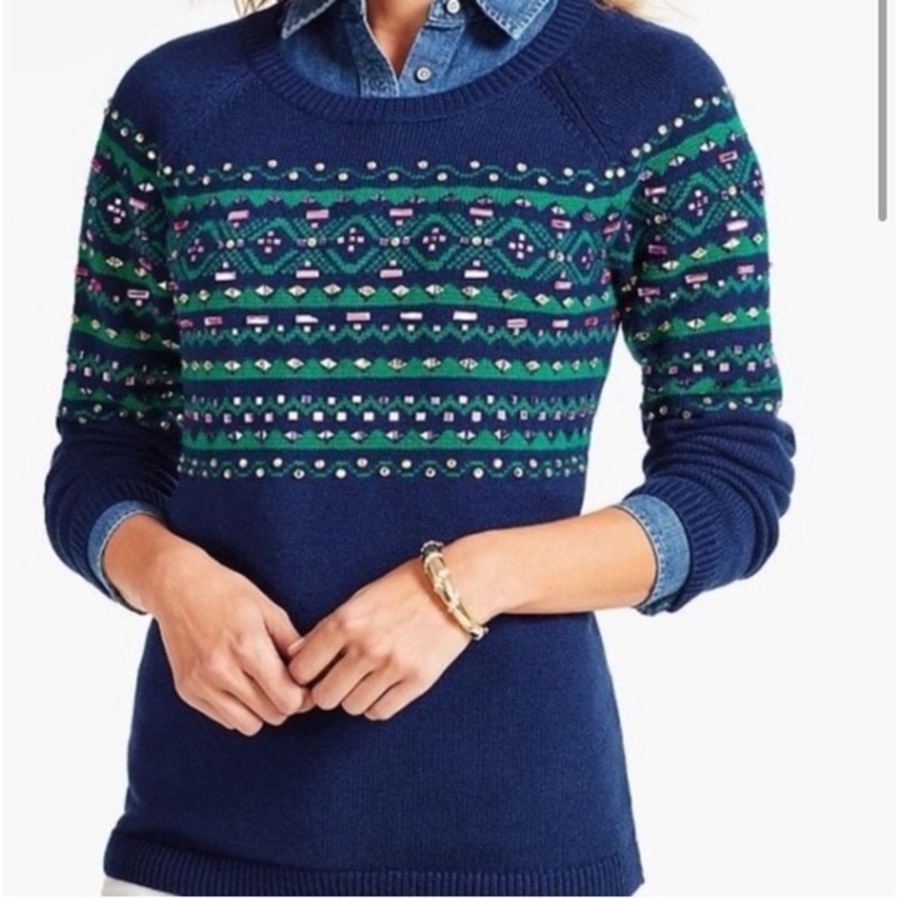 Talbots Navy Blue Fair Isle Embellished Crewneck Sweater Women's Medium Winter